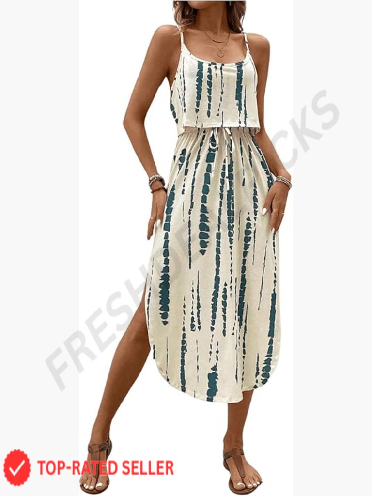 Spaghetti Strap Tie Dye Midi Dress Scoop Neck Split Thigh Casual Beach Vacation